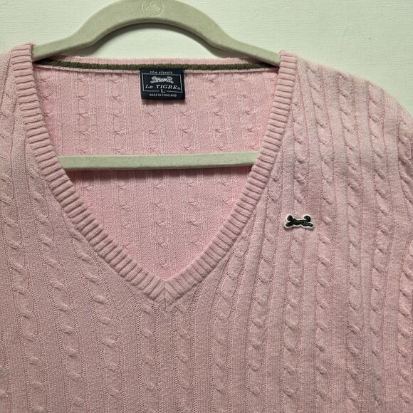 Le Tigre Pink V-neck Pullover Sweater Women's Size Large Logo Cotton Wool - Picture 3 of 9